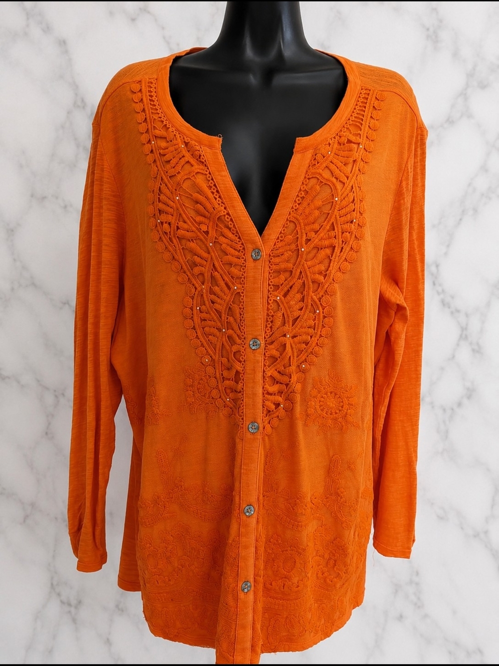 Reba XL Orange Embroidered Button Front Cardigan Top Boho